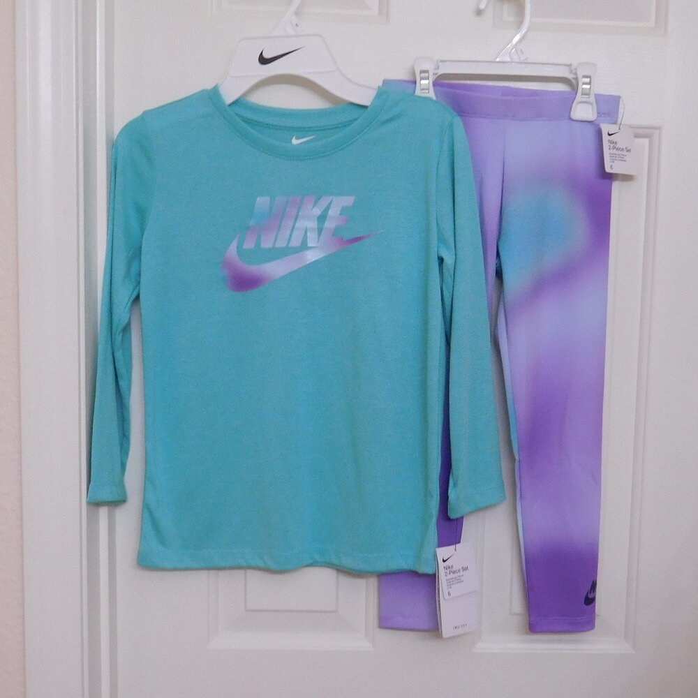 NWT 2pc Nike Turquoise Blue Purple Logo Top & Leggings Set sz 6